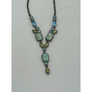 Nancy Rise NR Blue Green Opal Rhinestone Y Drop Necklace Vintage Bronze Boho